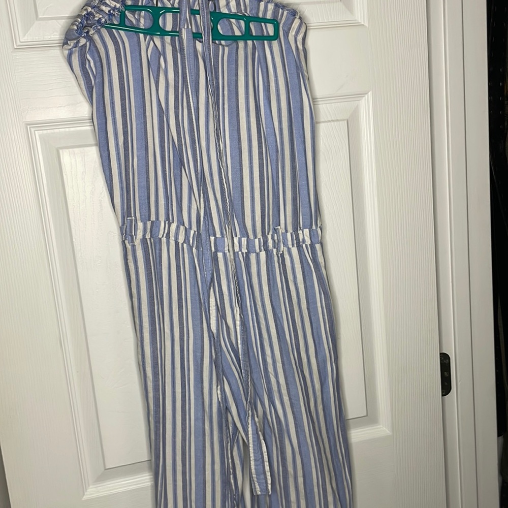 Blue and white striped capri jumpsuit